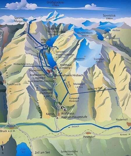 Mapa kaskády přehrad nad Kaprunem