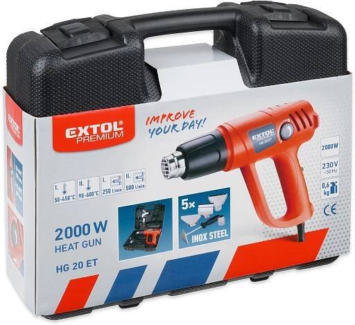 Pistole horkovzdušná EXTOL Premium HG 20 ET v kufru s příslušenstvím 979 Kč