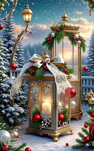 a painting of a lantern with christmas decorations on the outside and in front of it