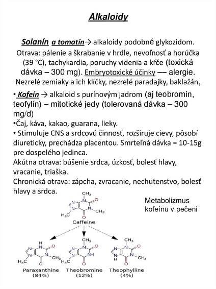 Alkaloidy Solanín a tomatín→ alkaloidy podobné glykozidom. Otrava: pálenie a škrabanie v hrdle, nevoľnosť a horúčka (39 °C),