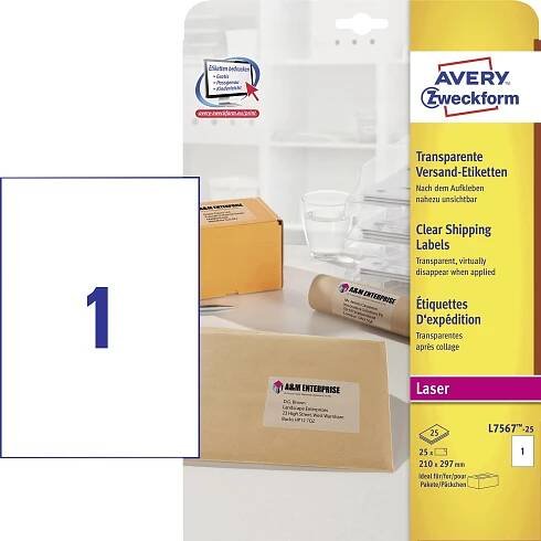 Avery-Zweckform L7567-25 Adresní nálepky 210 x 297 mm poylesterová fólie transparentní 25 ks trvalé laserová tiskárna, barevná laserová tiskárna, kopírka