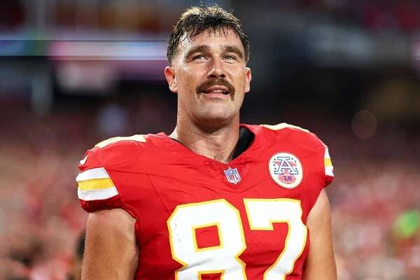 Travis Kelce #87 of the Kansas City prior to an NFL football game on September 5, 2024 in Kansas City, MO.