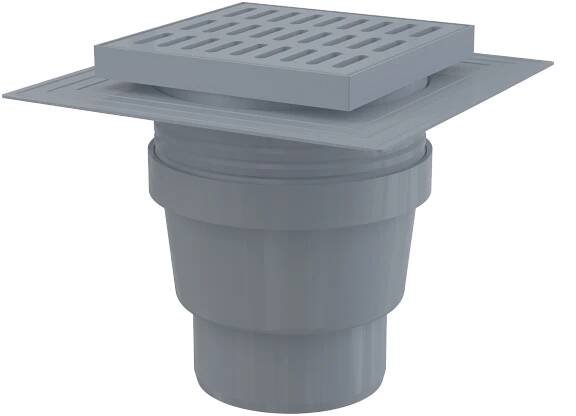 Alcadrain podlahová vpust 150×150/110 mm přímá, mřížka šedá, límec 2. úrovně izolace