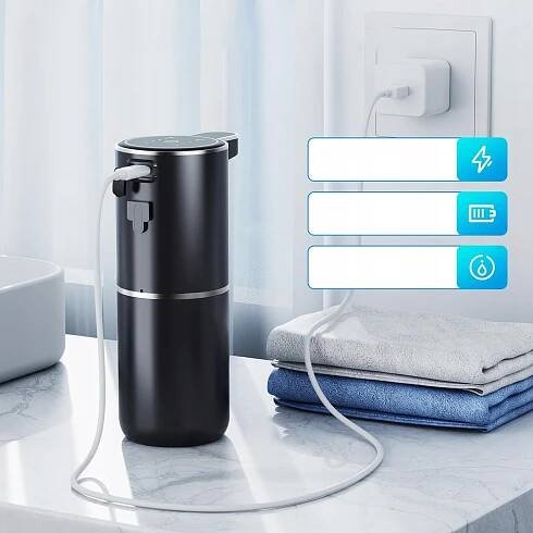 BEZDOTYKOVÝ DÁVKOVAČ MÝDLA AUTOMATICKÝ DÁVKOVAČ TEKUTINY AUTOMATICKÝ 380ML Další funkce ukazatel hladiny mýdla vhodný pro tekuté mýdlo nastavitelné dávkování protiskluzová ochrana ochrana proti odkapávání