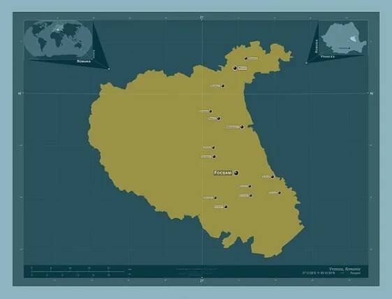 Vrancea, county of Romania. Solid color shape. Locations and names of major cities of the region. Corner auxiliary location maps — Stock obrázek
