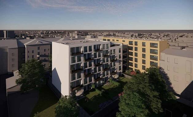 Podle developera tu vznikne 73 bytů a ateliérů, 107 podzemních parkovacích míst a zhruba 200 m2 komerčních prostor v přízemí budovy.