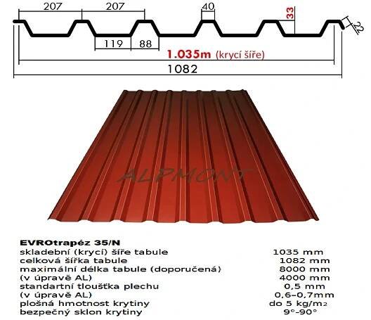 Trapézový plech 35/N lakovaný pozink 0.5mm RAL 3009 červená oxid dl.6mb