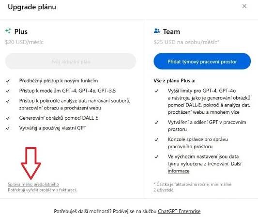 ChatGPT správa předplatného