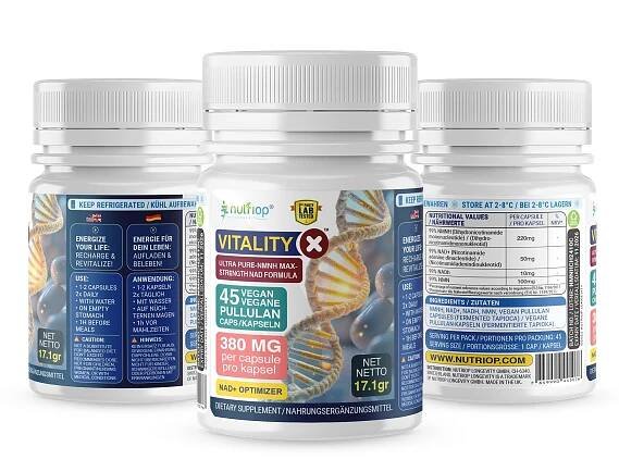 Nutriop Longevity® Vitality-X™ Ultra Pure-NMNH Max-Strength NAD+ Formule | 380 mg x 45 kapslí pro dlouhou životnost | 17,10 g