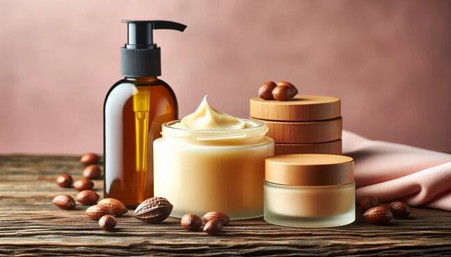 Assortment of shea butter products including balm and lotion