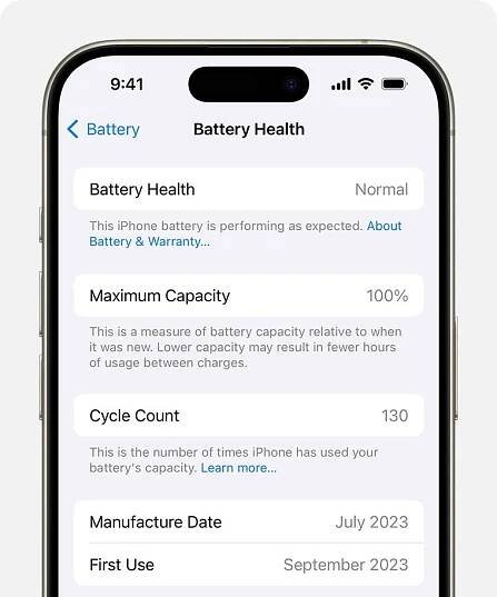 Stav baterie iPhonu 15 v iOS 17.4