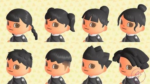 An Animal Crossing character showing off eight hairstyles, ranging from a messy bun to dreadlocks