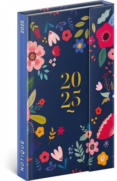 NOTIQUE Týdenní magnetický diář Modré květy 2025, 13 × 21 cm