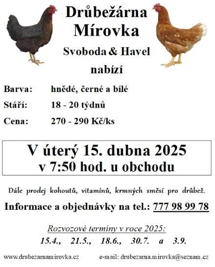 Prodej drůbeže – Mírovka 15. 4. 2025