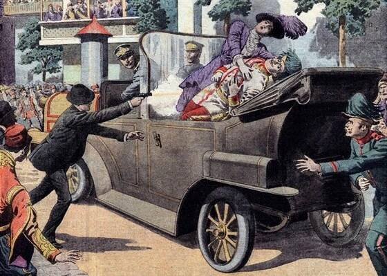 Sarajevský atentát na arcivévodu Františka Ferdinanda d'Este na dobové...