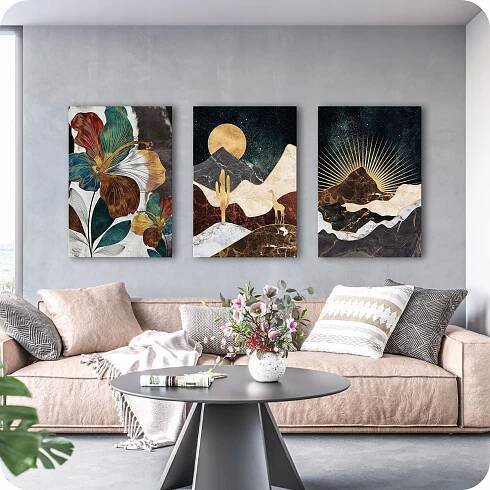 MODERNÍ OBRAZ NA PLÁTNĚ POHLED 150x70 cm OBRAZY DO OBÝVACÍHO POKOJE ZLATÉ HORY 3x Kód výrobce ABSTRAKCJA OBRAZY DO KUCHNI NA ŚCIANĘ TRYPTYK