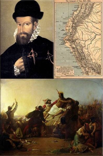 Conquistadors from Spain under the leadership of Francisco Pizarro arrive in Cajamarca, Inca empire