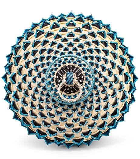  Jeremy Frey (Passamaquoddy, born 1978),  Blue Point Urchin  (detail), 2016, ash, sweetgrass, and dye, 5 x 9 x 9 inches. Collection of Dr. and Mrs. Ari and Lea Plosker. © Jeremy Frey. Image courtesy Eric Stoner 
