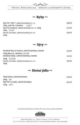 Restaurace Bouchalka - Jídelní lístek - Ryby, sýry, dietní jídlo