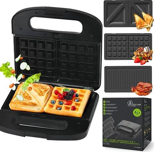 Extralink sendvičovač 3 en 1 toaster, gril a vaflovač s vyměnitelnými deskami, vaflovač 3 en 1 de 1000W, nepřilnavý povrch, snadné čištění, sendvičovač, vaflovač, vaflovač