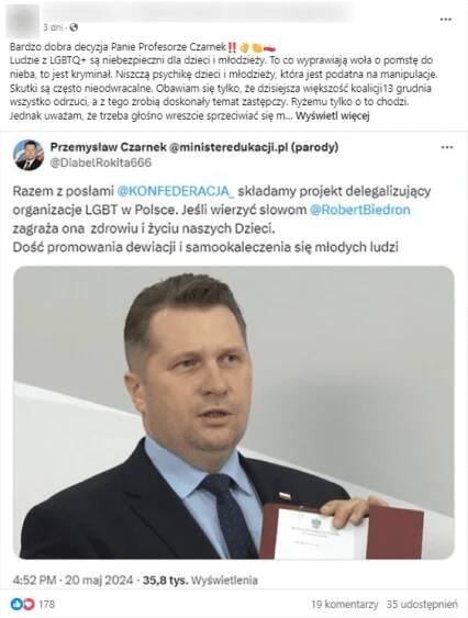 Wpis na Facebooku ze wpisem z konta podszywającego się pod profil Przemysława Czarnka na platformie X.