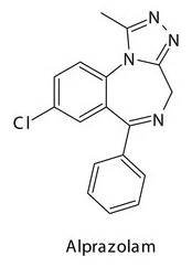 Alprazolam molecule flat skeletal structure, Benzodiazepine class drug used as Sedative, hypnotic agent. Vector illustration on white background.