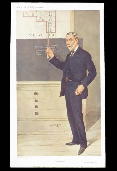 Illustration of William Ramsay standing in front of a chalkboard, pointing to the positions of his gases in a periodic table of elements