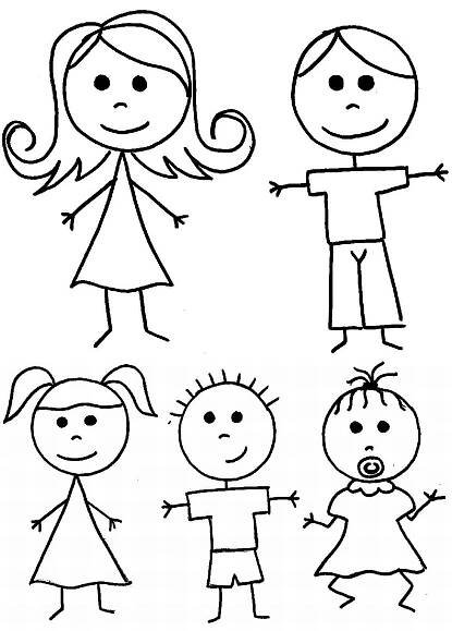 the family is drawn in black and white, with one child holding his hand out to another