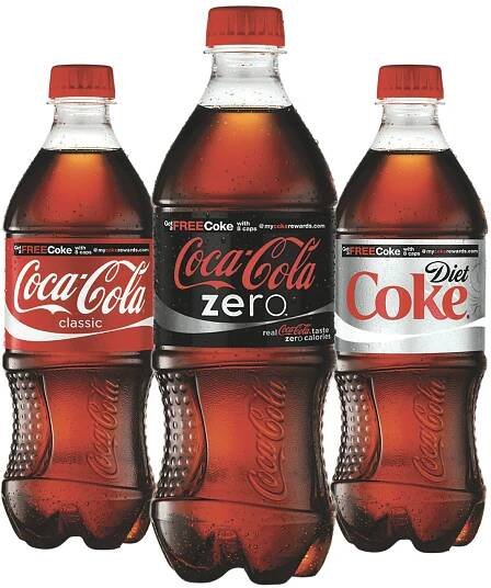 20oz botles of Coca-Cola Zero, Coca-Cola Classic, and Diet Coke