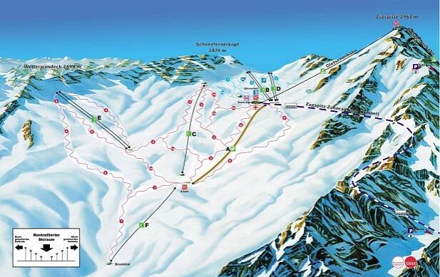Lyžařská mapa sjezdovek areálu Zugspitze
