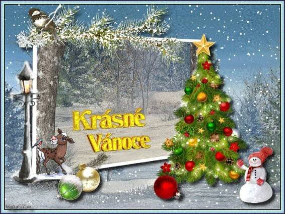 a christmas card with a tree and decorations