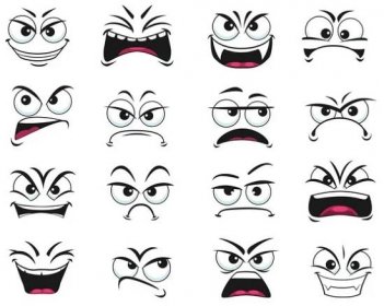 Cartoon face výraz izolované vektorové ikony, negativní emoji podezřelý, zlý, vyděšený a šokovaný, škodolibý, škleb, úšklebek nebo blázen. Pocity na obličeji se smějí nebo křičí, překvapené a rozrušené emotikony nastaveny — Ilustrace