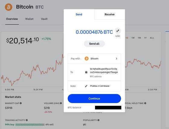 Poslat BTC z Coinbase