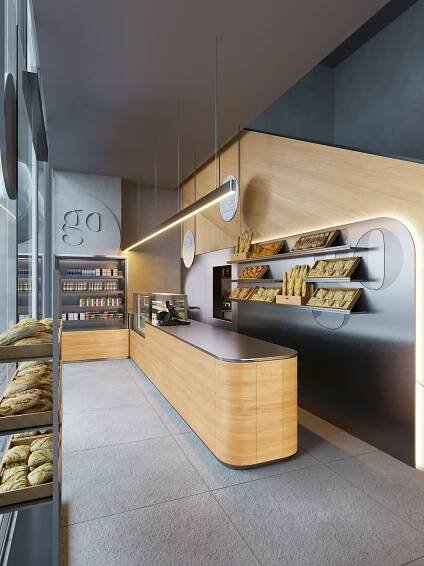 Modern interior design of Khéma Go takeaway counter in Phnom Penh, featuring light wood finishes, curved edges, and illuminated shelving displaying products, for an interior design project.