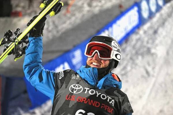 Kyle Smaine looks on after finishing in first place in the final round of the FIS Freeski World Cup 2018 Men's Ski Halfpipe during the Toyota U.S. Grand Prix on January 19, 2018 in Mammoth, California.