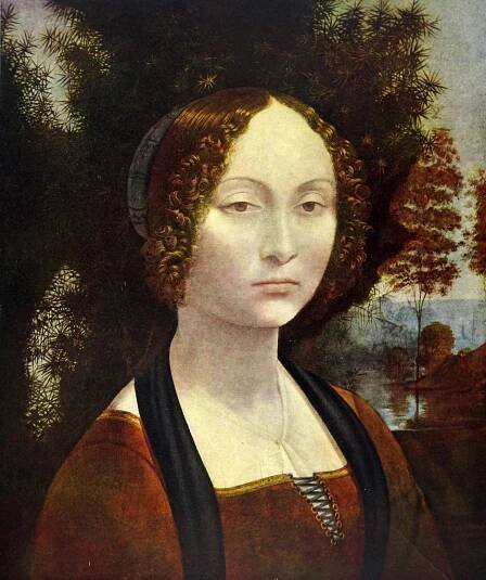 A Renaissance portrait of a solemn young woman with tightly curled hair, set against a dark backdrop of dense foliage and a serene, distant landscape.