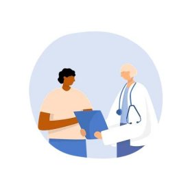 An image of a person talking to a doctor
