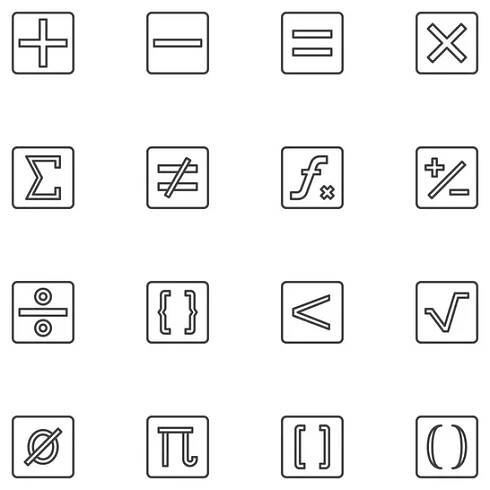Symboly kalkulačky, sada ikon čar, kolekce vektorových symbolů matematiky, sada piktogramů v lineárním stylu. Znamení, znázornění loga. Sada obsahuje ikony jako sčítání, odčítání, násobení, dělení — Ilustrace