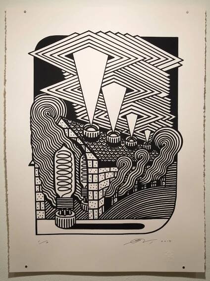 black and white screen print of psychedelic geometric patterns
