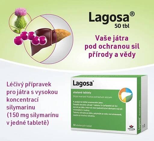 Lagosa 50 obalených tablet. Léčivý přípravek pro játra s vysokou koncentrací silymarinu (150 mg v jedné tabletě).