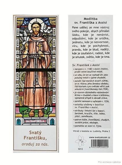 Svatý František z Assisi (záložka s modlitbou)