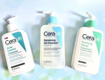 Flatlay of CeraVe Acne Control Cleanser, CeraVe Renewing SA Cleanser, and CeraVe Foaming Facial Cleanser.