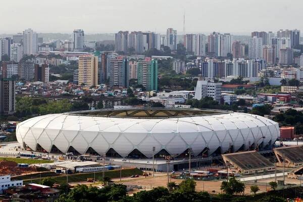 An aerial view of the Arena Amazonia soccer stadium two days before its scheduled inauguration in Manaus