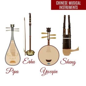vektor čínské smyčcové a dechové hudební nástroje - čínské housle stock ilustrace