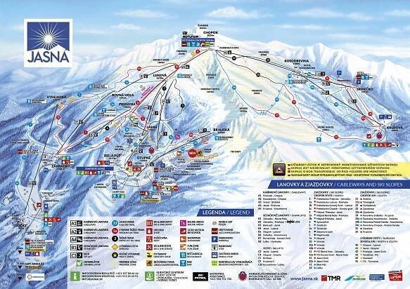 Mapa Chopok Jasná a Jih - sjezdovky, hotely