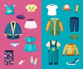 Oblečení pro malé chlapce a dívky. Stylové kombinézy a šaty pro batolata krásná trička a svetry — Ilustrace