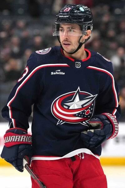 Johnny Gaudreau number 13 of the Columbus Blue Jackets takes a break during a stoppage in play against the Columbus Blue Jackets in the second period at Nationwide Arena on November 27, 2023 in Columbus, Ohio