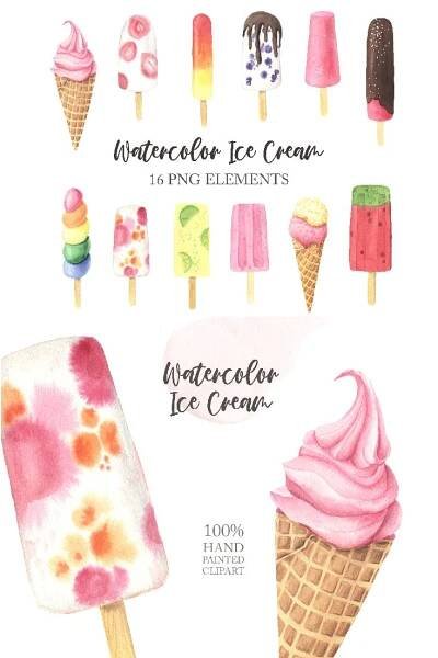 watercolor ice cream clipart set with an ice cream cone, popsicles and more