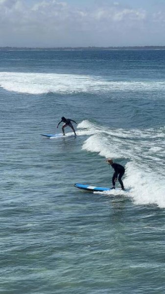 Free Two surfers navigate thrilling waves on a sunny beach day. Perfect for adventure and travel themes. Stock Photo