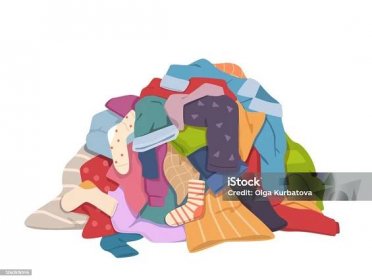 Špinavá hromada oblečení. Chaotická hromada prádla s skvrnami, různé znečištěné páchnoucí oblečení, znečištěné textilní staré šortky, trička a ponožky. Koncept vektoru praní prádla - Bez autorských poplatků Oděv - Člověkem vektorové obrázky